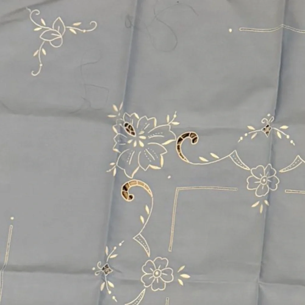 Vintage Blue Embroidered Linen Tablecloth 32x35 Floral Cutwork Tea Cottagecore